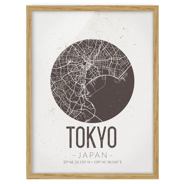 Bild mit Rahmen - Stadtplan Tokyo - Retro - Hochformat 3:4