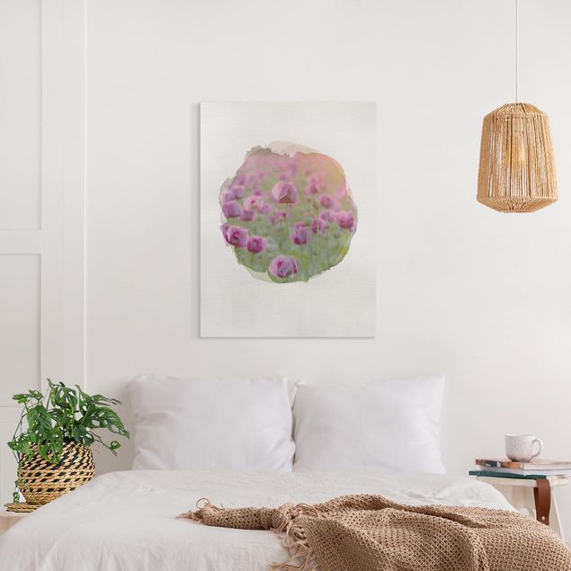 Leinwandbild - Wasserfarben - Violette Schlafmohn Blumenwiese im Frühling - Hochformat 4:3