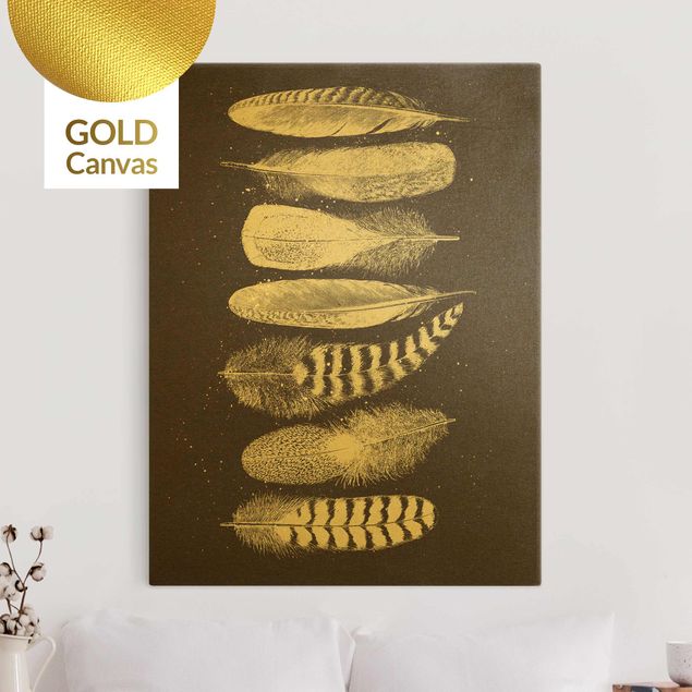 Leinwandbild Gold - Sieben Federn - Zeichnung - Hochformat 3:4