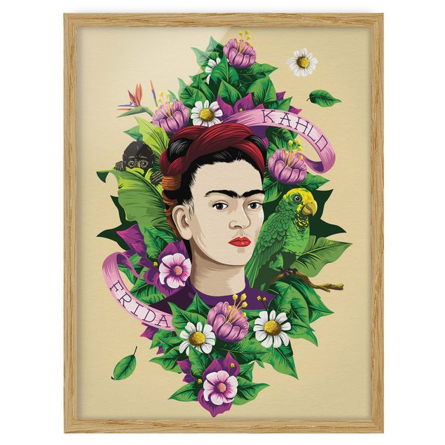 Bild mit Rahmen - Frida Kahlo - Frida, Äffchen und Papagei - Hochformat 3:4