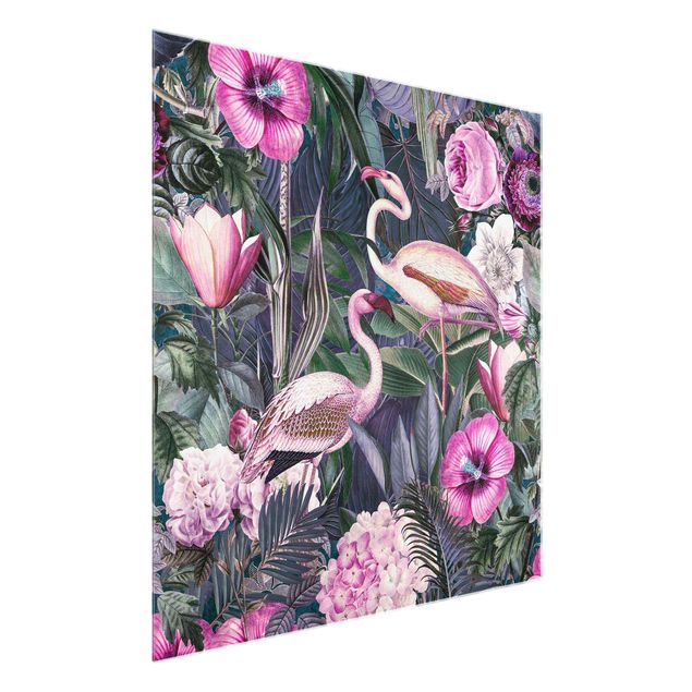 Glasbild - Bunte Collage - Pinke Flamingos im Dschungel - Quadrat 1:1