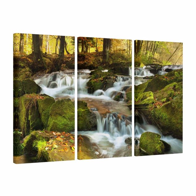 Leinwandbild 3-teilig - Wasserfall herbstlicher Wald - Hoch 1:2