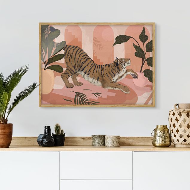 Bild mit Rahmen - Illustration Tiger in Pastell Rosa Malerei - Querformat 3:4