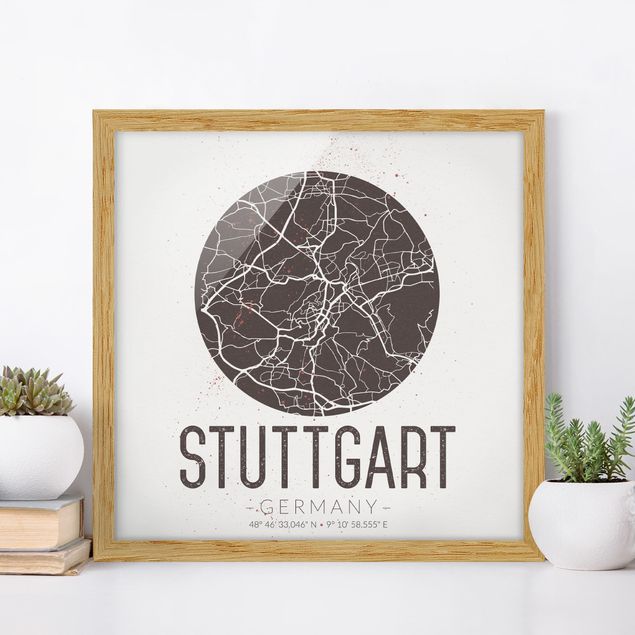 Bild mit Rahmen - Stadtplan Stuttgart - Retro - Quadrat 1:1