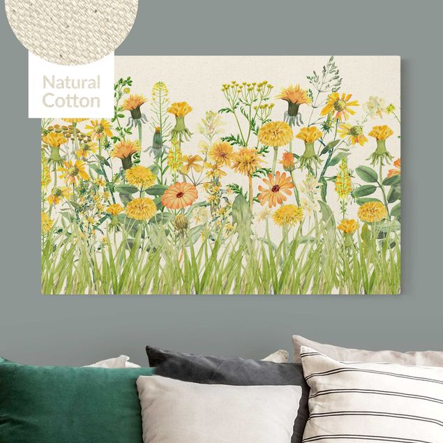 Leinwandbild Natur - Aquarellierte Blumenwiese in Gelb - Querformat 3:2