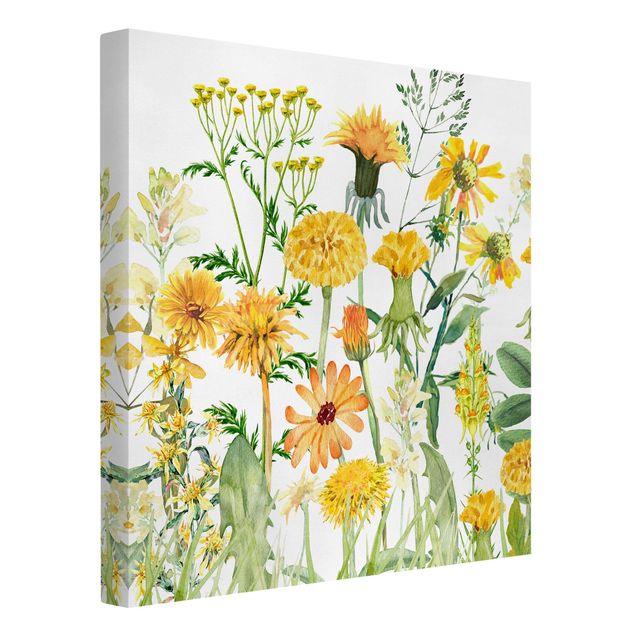 Leinwandbild - Aquarellierte Blumenwiese in Gelb - Quadrat 1:1