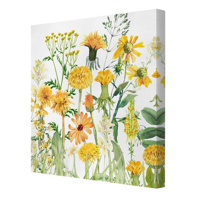 Leinwandbild - Aquarellierte Blumenwiese in Gelb - Quadrat 1:1