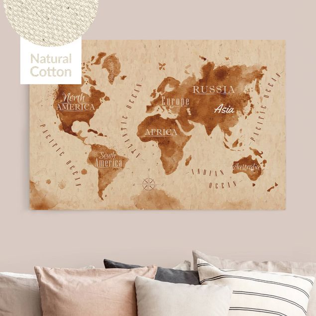 Leinwandbild Natur - Aquarelloptik Weltkarte beige braun - Querformat 3:2