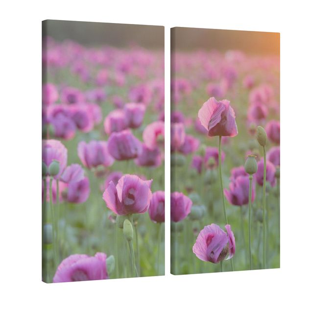 Leinwandbild 2-teilig - Violette Schlafmohn Blumenwiese im Frühling - Hoch 1:2