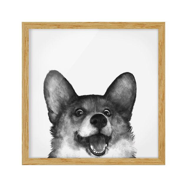 Bild mit Rahmen - Illustration Hund Corgi Weiß Schwarz Malerei - Quadrat 1:1