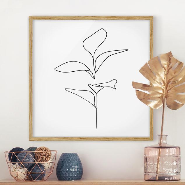 Bild mit Rahmen - Line Art Pflanze Blätter Schwarz Weiß - Quadrat 1:1