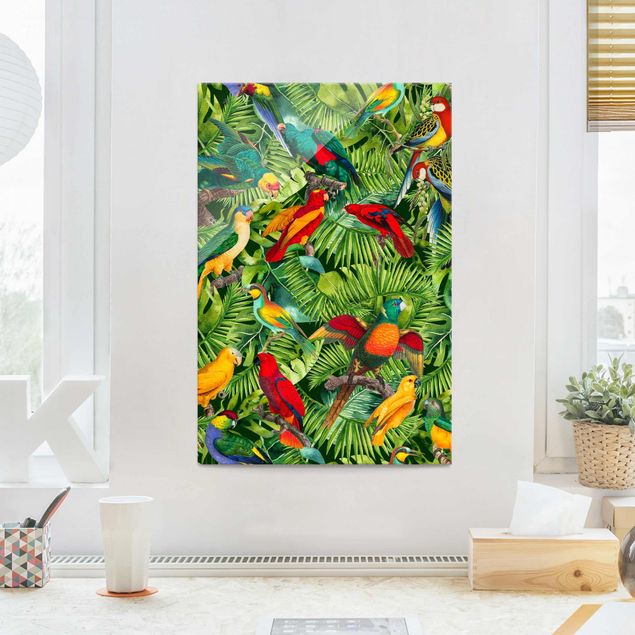 Glas Magnettafel Bunte Collage - Papageien im Dschungel