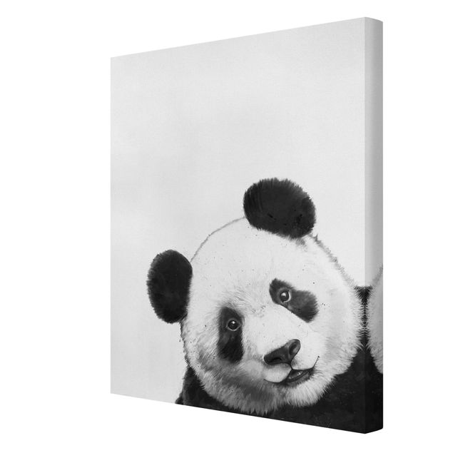 Leinwandbild - Illustration Panda Schwarz Weiß Malerei - Hochformat 4:3