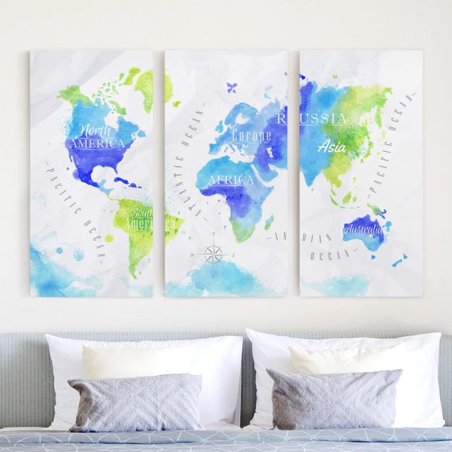 Leinwandbild 3-teilig - Weltkarte Aquarell blau grün - Hoch 1:2