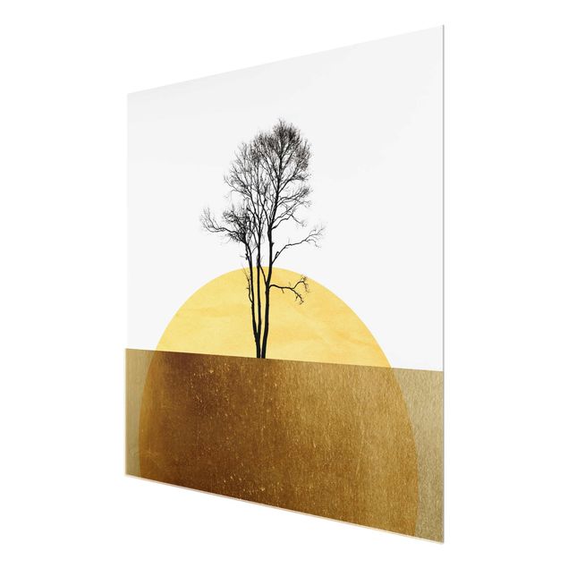 Glasbild - Goldene Sonne mit Baum - Quadrat 1:1