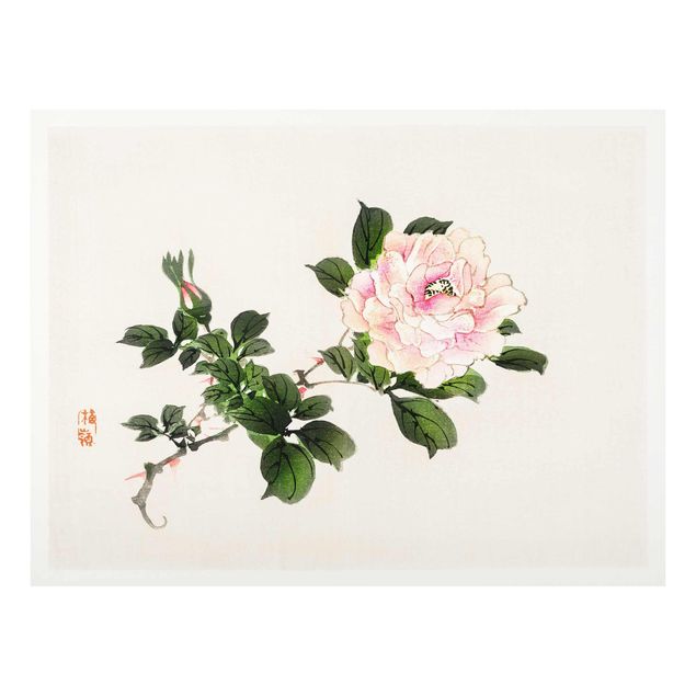 Glasbild - Asiatische Vintage Zeichnung Rosa Rose - Querformat 3:4