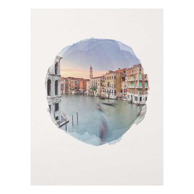 Glasbild - Wasserfarben - Canale Grande Blick von der Rialtobrücke Venedig - Hochformat 4:3