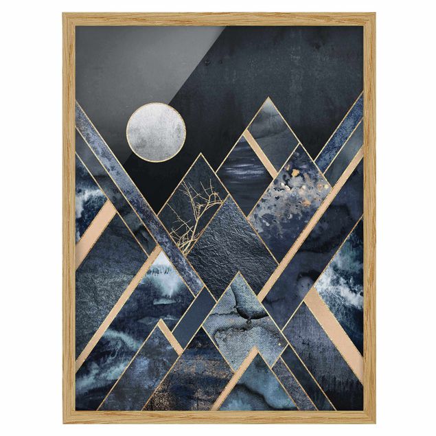 Bild mit Rahmen - Goldener Mond abstrakte schwarze Berge - Hochformat 4:3