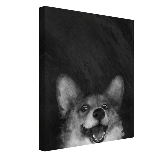 Leinwandbild - Illustration Hund Corgi Malerei Schwarz Weiß - Hochformat 4:3
