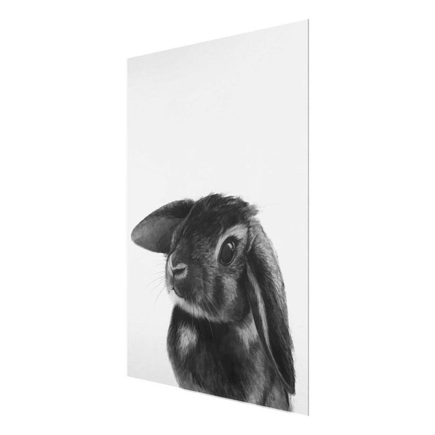 Glasbild - Illustration Hase Schwarz Weiß Zeichnung - Hochformat 4:3