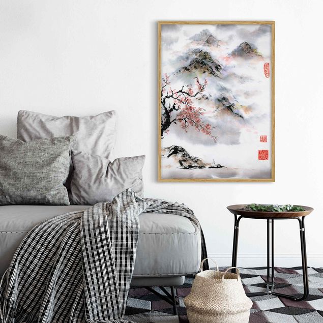 Bild mit Rahmen - Japanische Aquarell Zeichnung Kirschbaum und Berge - Hochformat 4:3