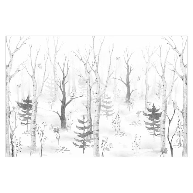 Fototapete - Birkenwald mit Mohnblumen Schwarz Weiß