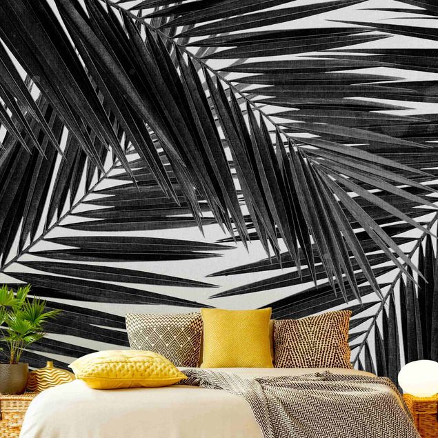 Fototapete - Blick durch Palmenblätter schwarz weiß