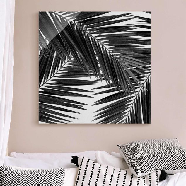 Glas Magnetboard Blick durch Palmenblätter schwarz weiß