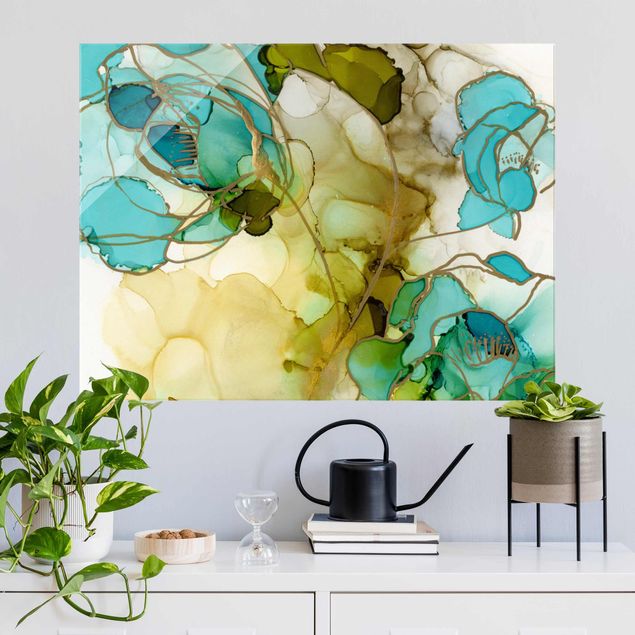 Glas Magnetboard Blumenfacetten in Aquarell