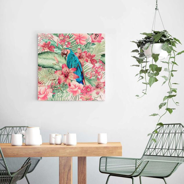 Glasbild - Blumenparadies tropischer Papagei - Quadrat
