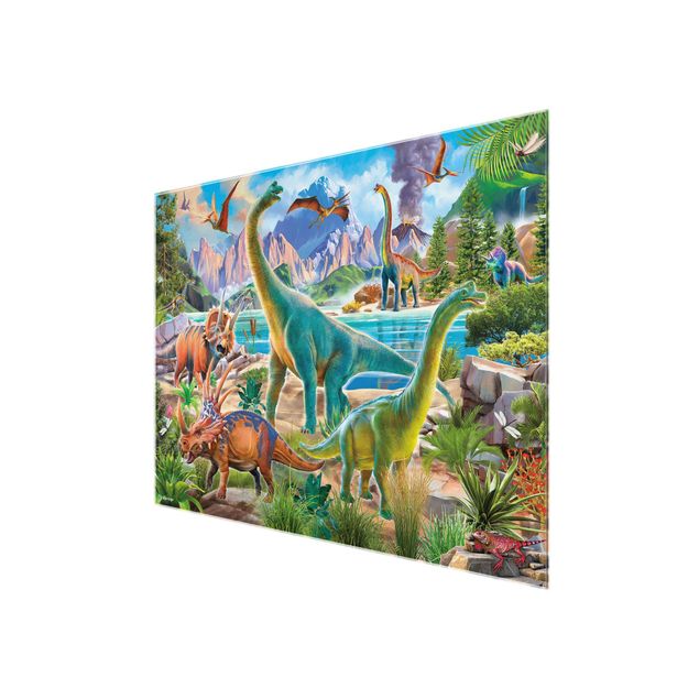 Glasbild - Brachiosaurus und Tricaterops - Querformat