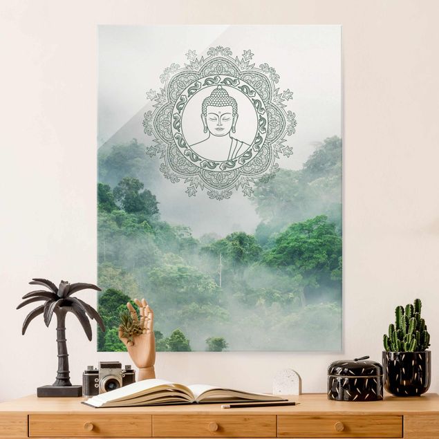 Magnettafel Glas Buddha Mandala im Nebel