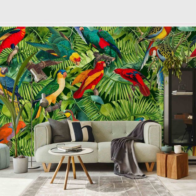 Fototapete - Bunte Collage - Papageien im Dschungel