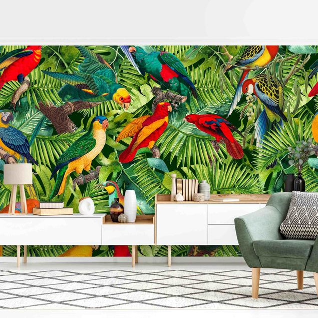 Fototapete - Bunte Collage - Papageien im Dschungel