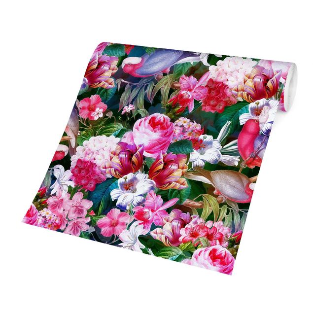 Fototapete - Bunte Tropische Blumen mit Vögeln Pink