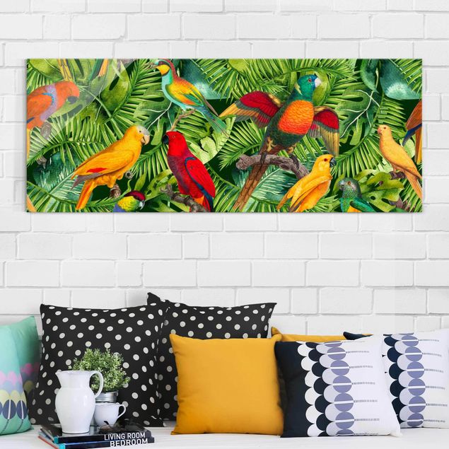 Glas Magnetboard Bunte Collage - Papageien im Dschungel