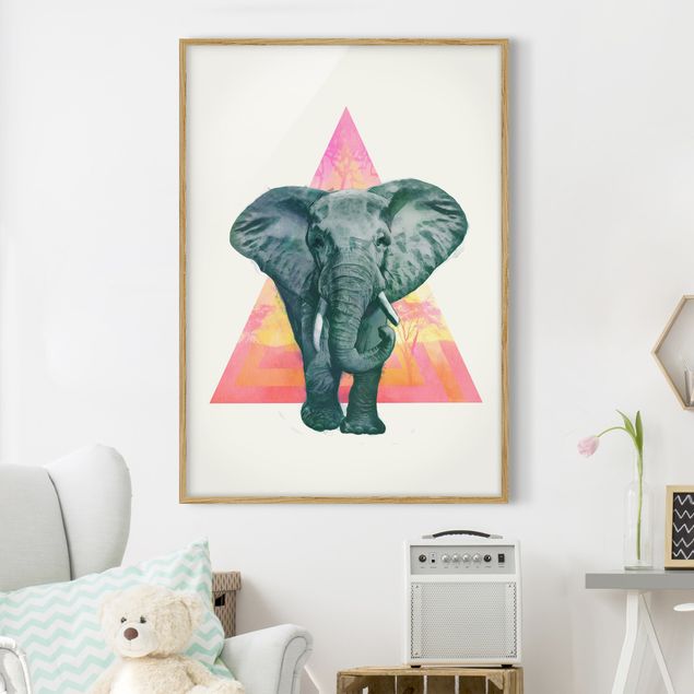 Bild mit Rahmen - Illustration Elefant vor Dreieck Malerei - Hochformat 4:3