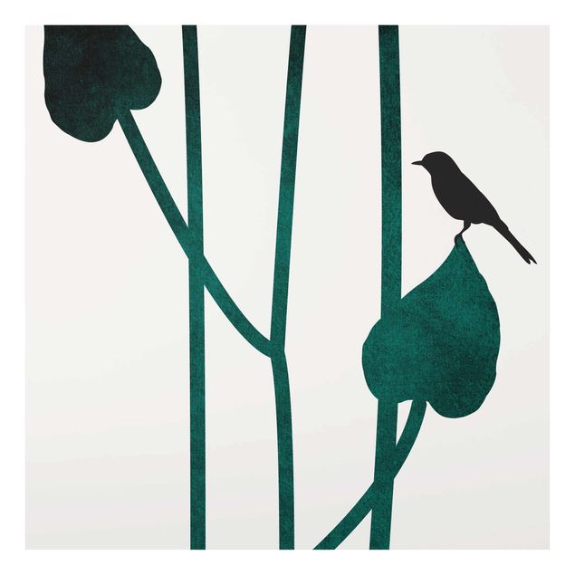 Glasbild - Grafische Pflanzenwelt - Vogel auf Blatt - Quadrat 1:1