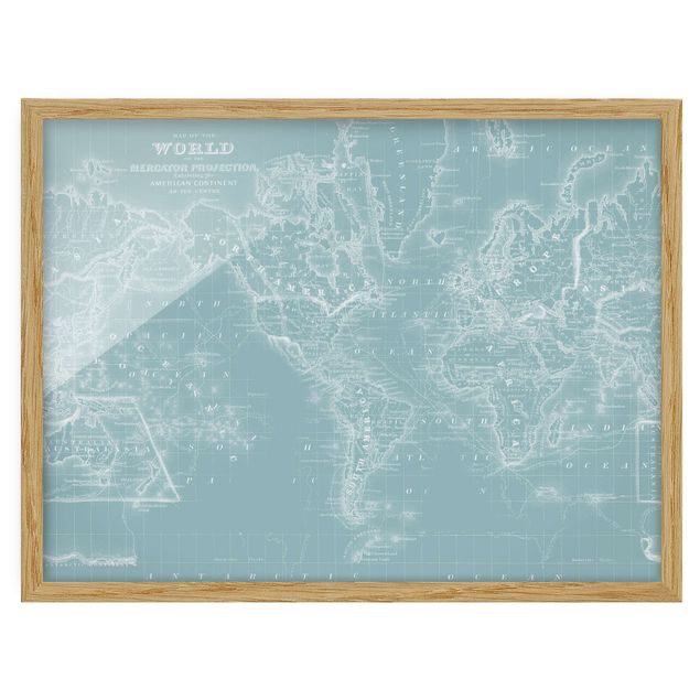 Bild mit Rahmen - Weltkarte in Eisblau - Querformat 3:4
