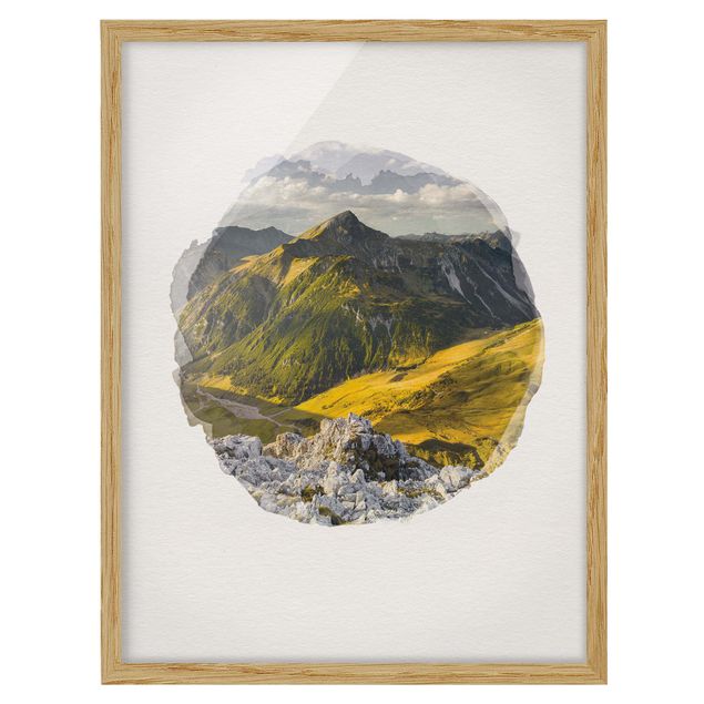 Bild mit Rahmen - Wasserfarben - Berge und Tal der Lechtaler Alpen in Tirol - Hochformat 4:3