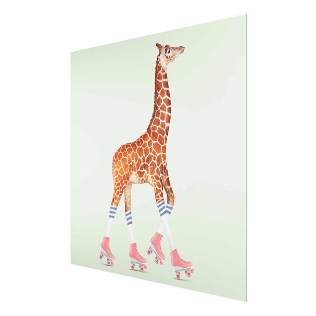 Glasbild - Jonas Loose - Giraffe mit Rollschuhen - Quadrat 1:1