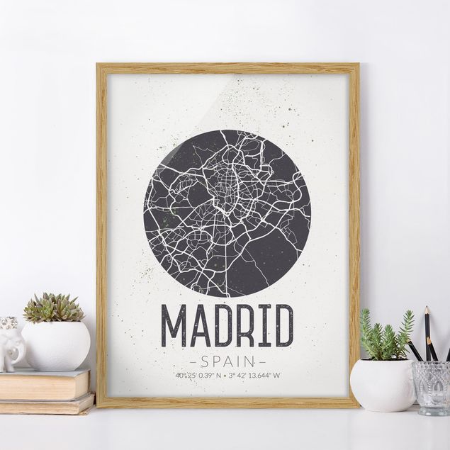 Bild mit Rahmen - Stadtplan Madrid - Retro - Hochformat 3:4