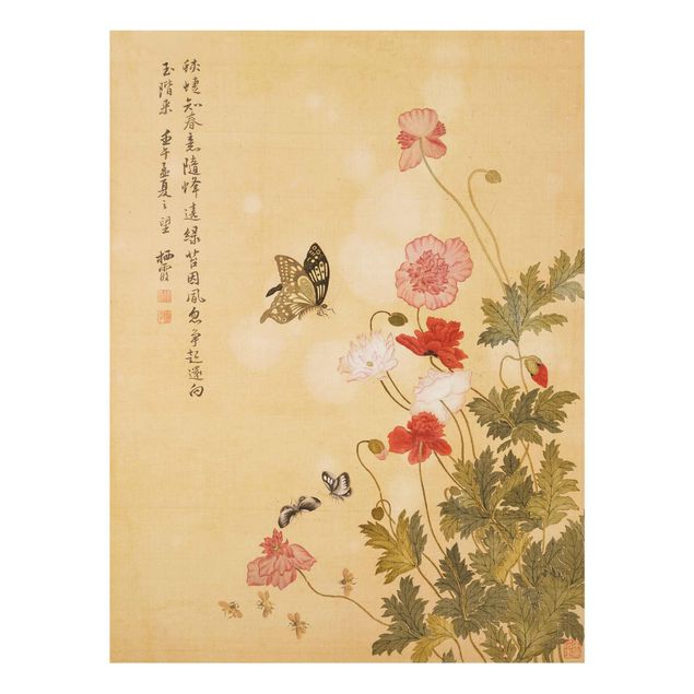 Glasbild - Yuanyu Ma - Mohnblumen und Schmetterlinge - Hochformat 4:3