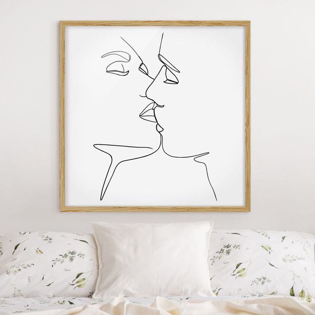 Bild mit Rahmen - Line Art Kuss Gesichter Schwarz Weiß - Quadrat 1:1