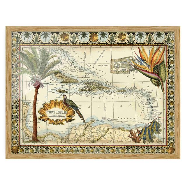 Bild mit Rahmen - Vintage Tropische Landkarte West Indien - Querformat 3:4