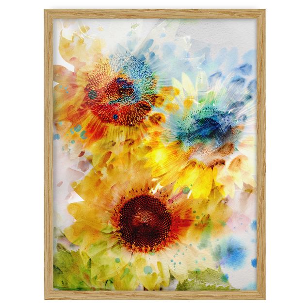 Bild mit Rahmen - Aquarell Blumen Sonnenblumen - Hochformat 3:4