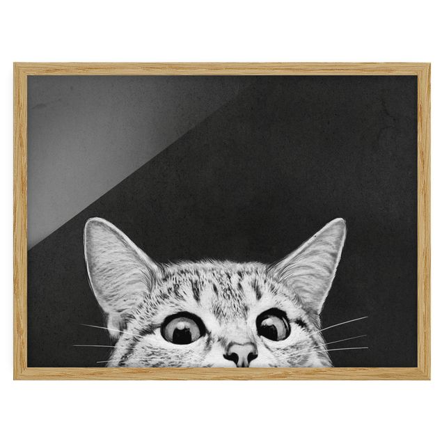 Bild mit Rahmen - Illustration Katze Schwarz Weiß Zeichnung - Querformat 3:4
