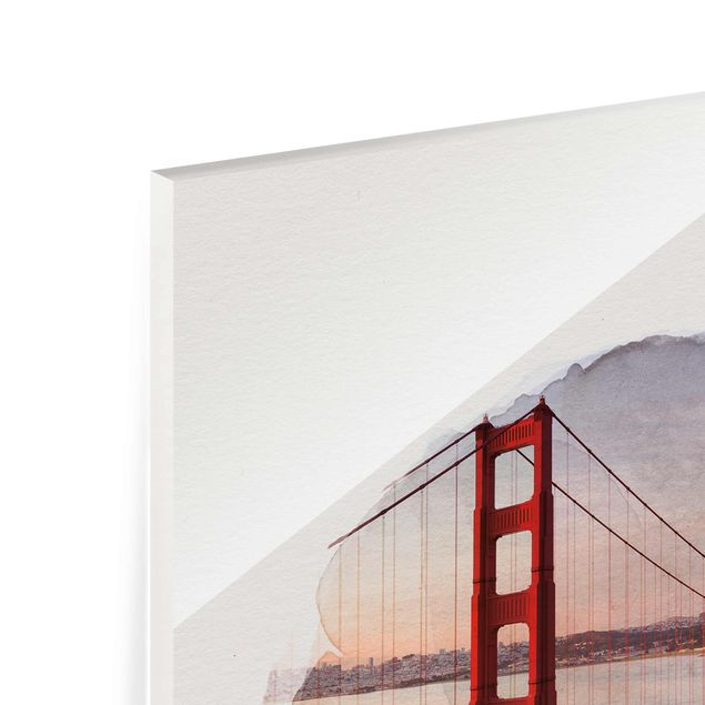 Glasbild - Wasserfarben - Golden Gate Bridge in San Francisco - Hochformat 4:3