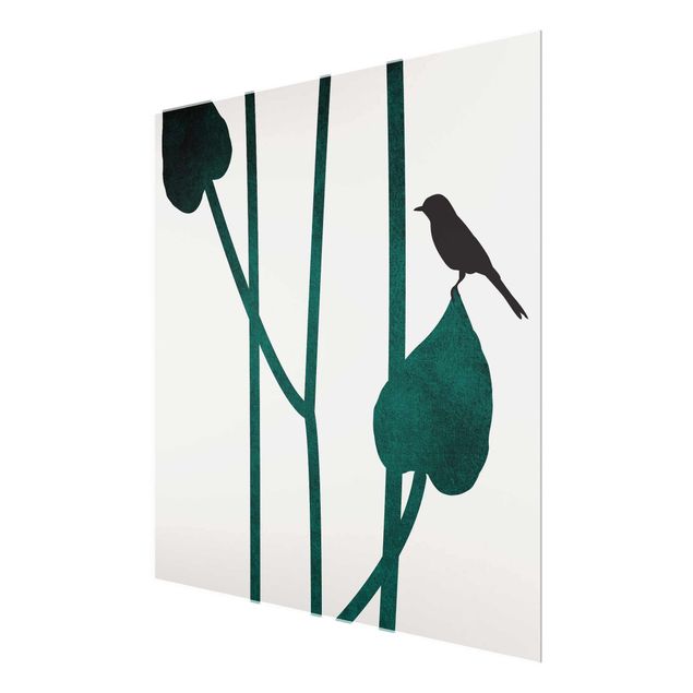 Glasbild - Grafische Pflanzenwelt - Vogel auf Blatt - Quadrat 1:1