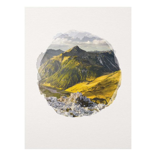 Glasbild - Wasserfarben - Berge und Tal der Lechtaler Alpen in Tirol - Hochformat 4:3